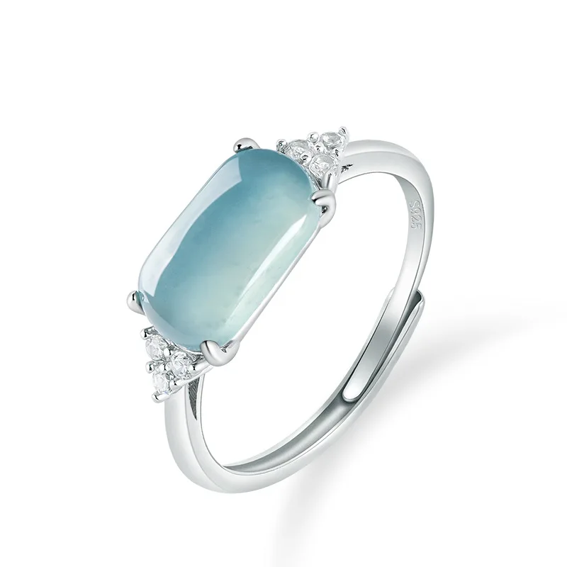 

Natural A-grade Jade Blue Water Saddle Ring Ice Jadeite S925 Silver Inlaid Fashionable Women's Jewelry Adjustable Drop Shipping
