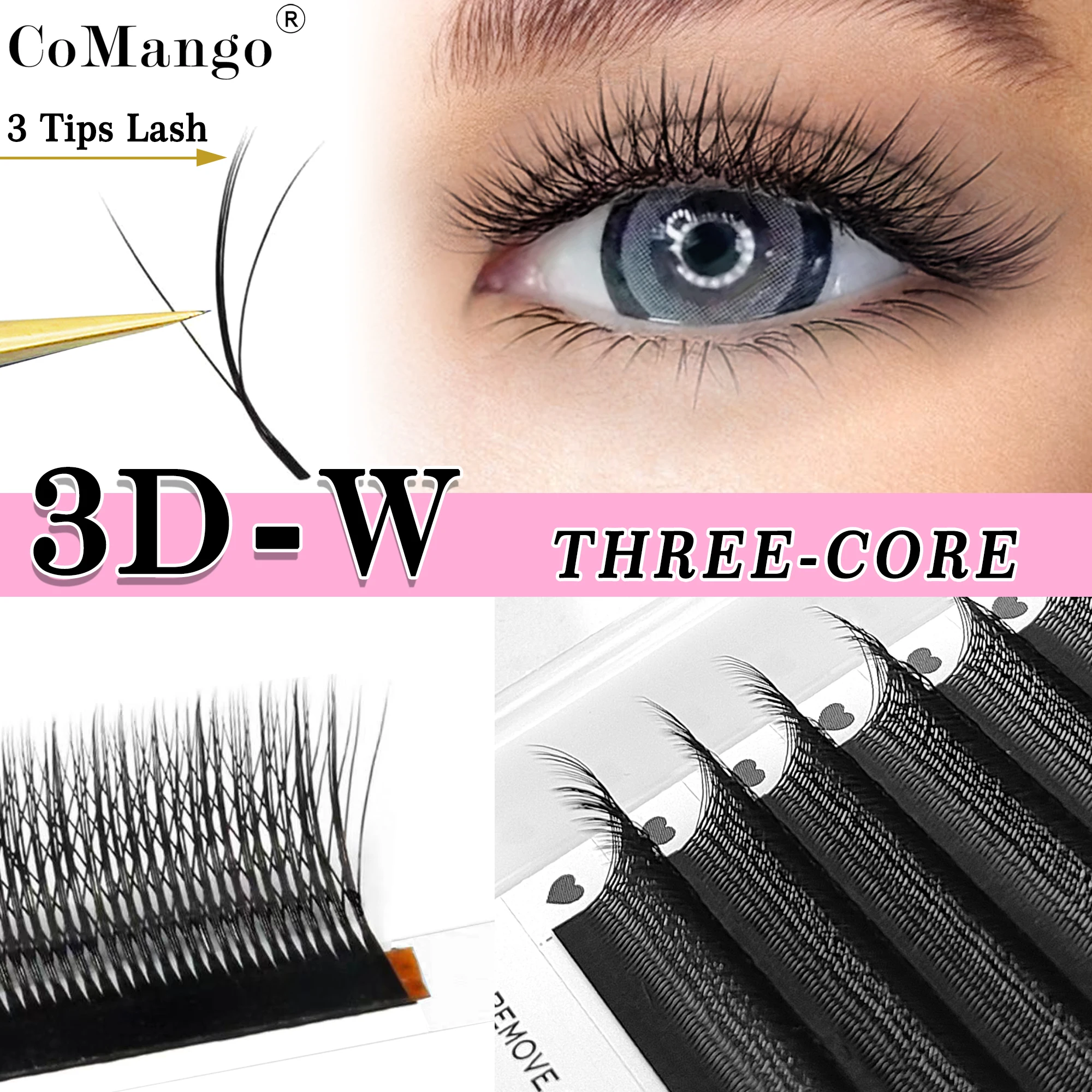 CoMango 3D W Stil vorgefertigte Volumen Wimpernverlängerung drei-Kern Dreifachspitzen Mix 8-15 Hybrid Wimpern