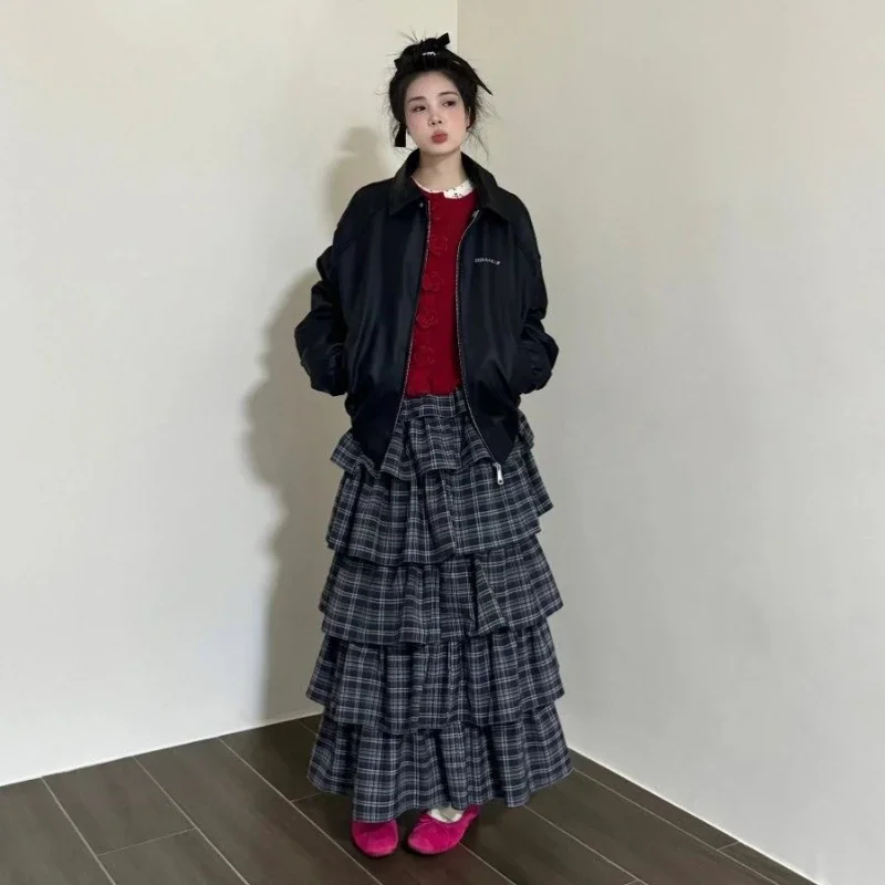 Deeptown Vintage Ruffle Plaid gonna donna elegante dolce gonne lunghe stile giapponese Streetwear moda Patchwork gonna a strati