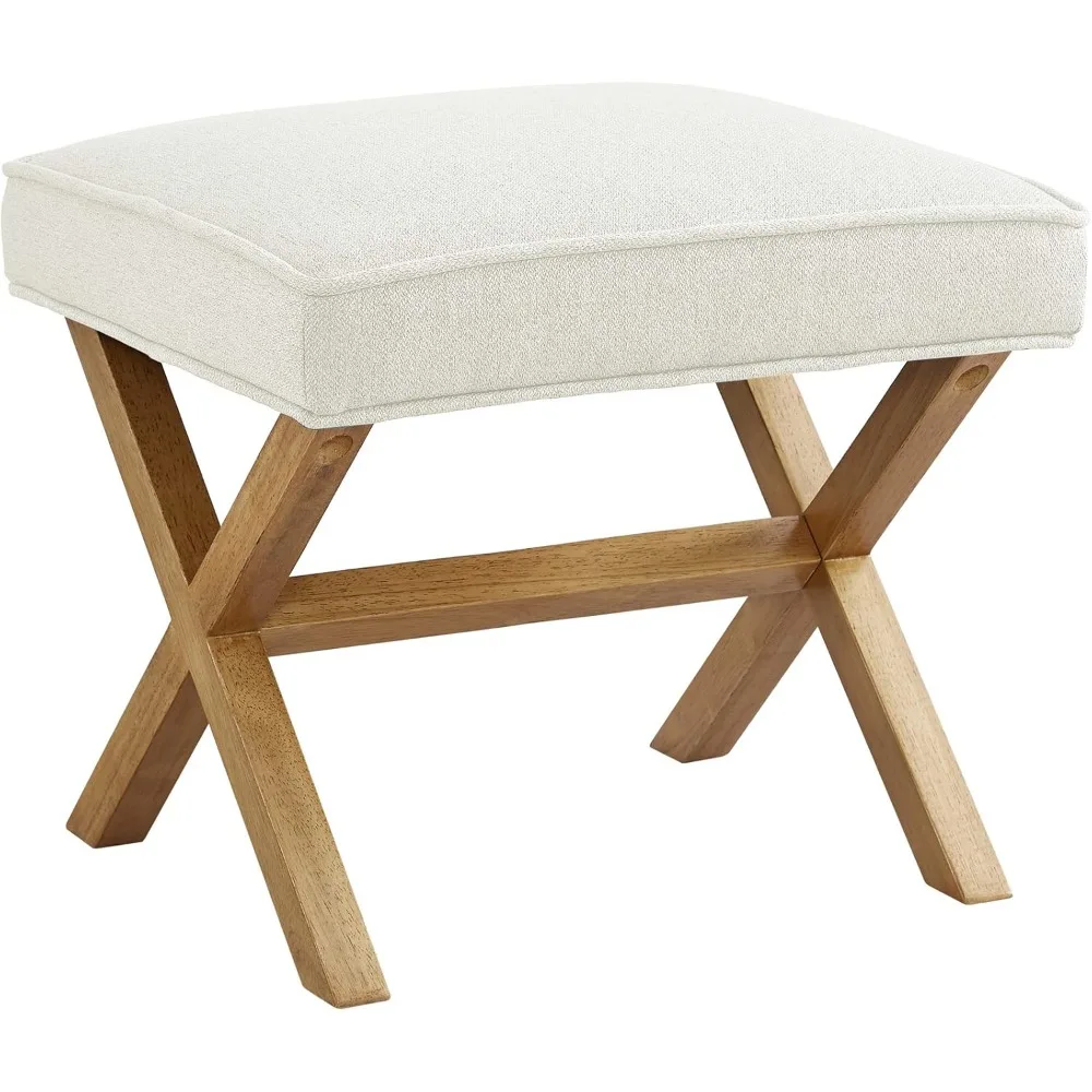 stools.Mid-Century Square Modern X Ottoman Chair, Linen, Ivory, 18