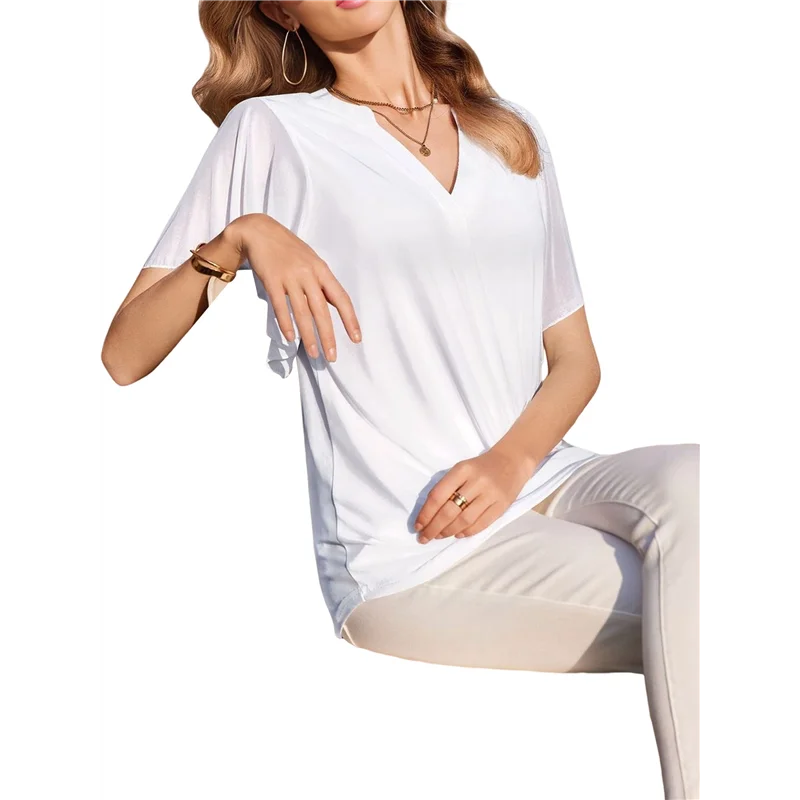 

A09P Women's Short Sleeve V Neck Blouses Shirts Floral Double Layers Mesh Tunics Tops White M