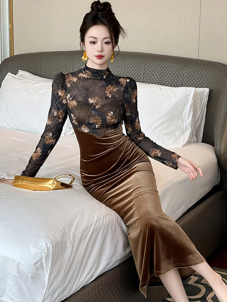 Robe longue sirène en velours pour femmes, rétro, maille, Patchwork, vêtements élégants, transparents, Sexy, manches longues, slim, automne hiver