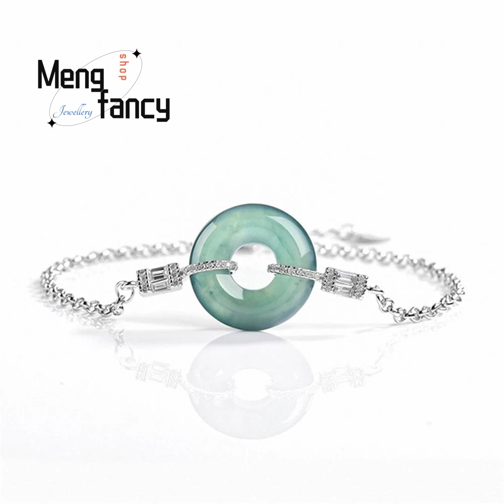 

High-grade Natural A-grade Jadeite Blue Water Bracelet Ice-type Jade S925 Silver Inlay Sexy Young Girls Luxury Fashion Jewelry
