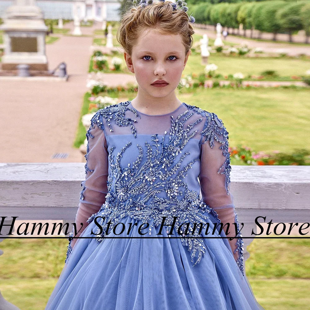 Ball Gown Flower Girl Dress Jewel Neck Long Sleeves Beading Applique Floor Length Girls Graduation Party Gown Communion Dresses