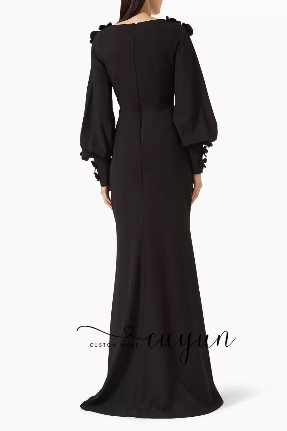 Suknia wieczorowa CUYUN z czarnymi kwiatowymi aplikacjami, długa, z długim rękawem, fason półsyreny, sukienka na przyjęcie, sukienki na wesele dla gości.
