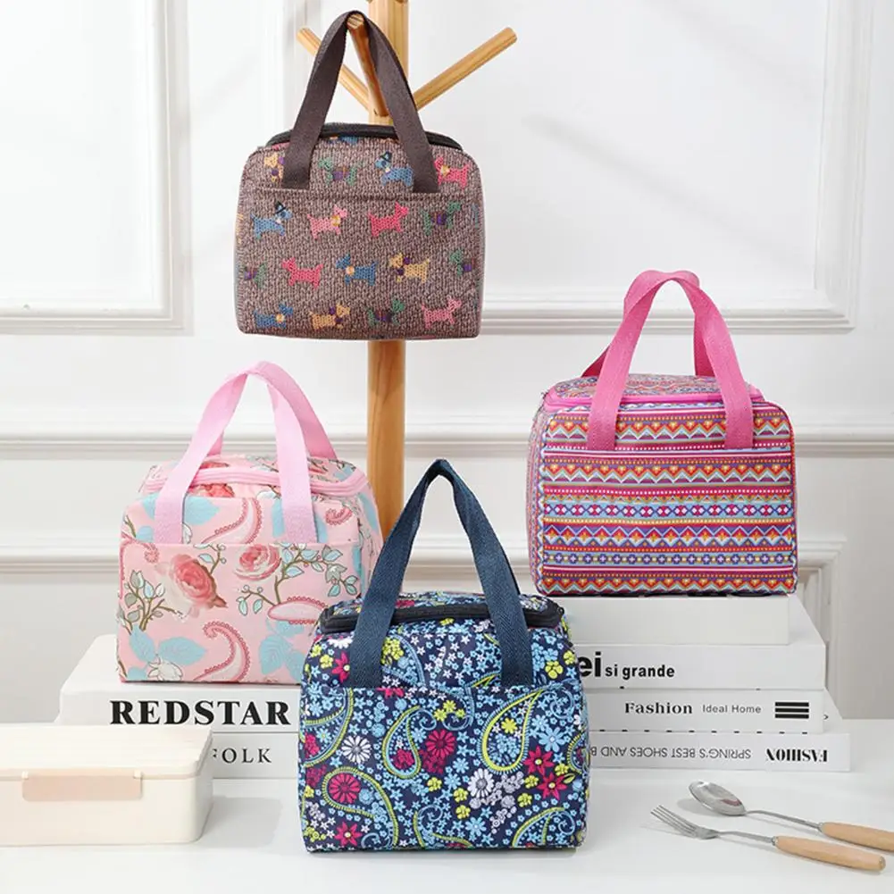 Lunch Bag Waterproof Zipper Portable Handle Thermal Cooler Oxford Cloth Floral Print Bento Box Pouch Container for School