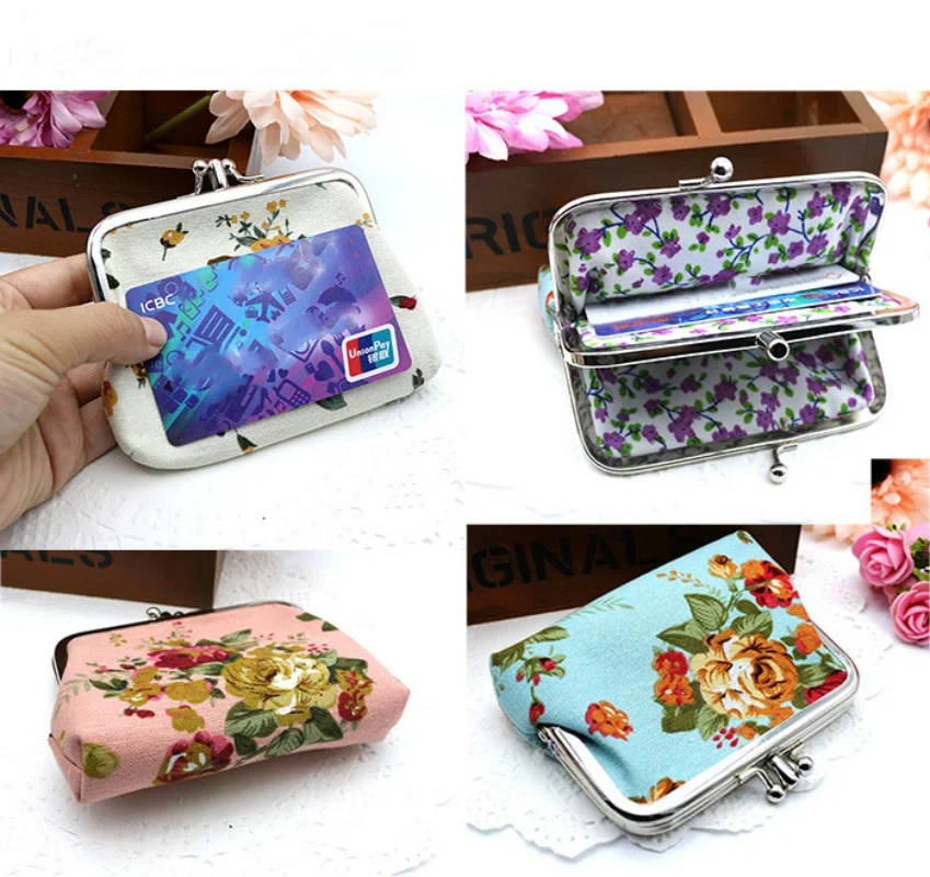 กระเป๋าใส่บัตรเครดิตกระเป๋าเก็บบัตรขนาดเล็กลายดอกไม้สำหรับกระเป๋าสตางค์ใบสั้นกระเป๋าใส่เหรียญผ้าใบดอกกุหลาบสองชั้นกระเป๋าใส่กุญแจ
