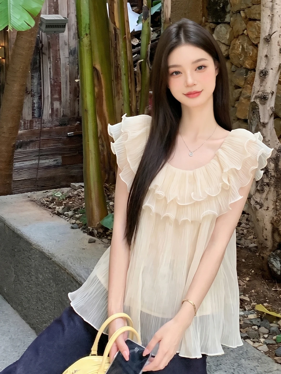 

French Style Wooden Ruffle Shoulder Chiffon Blouse Women Summer Age Reducing Versatile Sweet Inner Shirt Casual Loose Fit