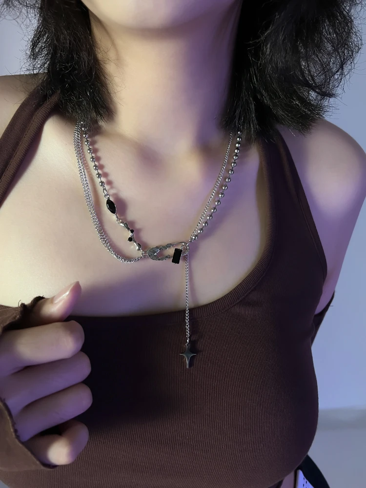 قلادة نجمة رباعية الأطراف من حجر كانساي الأسود، تصميم عصري للطلاب، إكسسوار أنيق وعصري