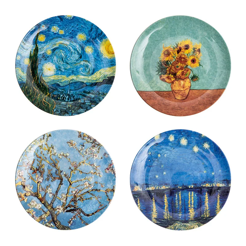 High Quality Van Gogh Oil Painting Bone China Plate 8 Inches Ceramic Dinner Plate Set Kitchen Dishes Plate Dinner Plates Art