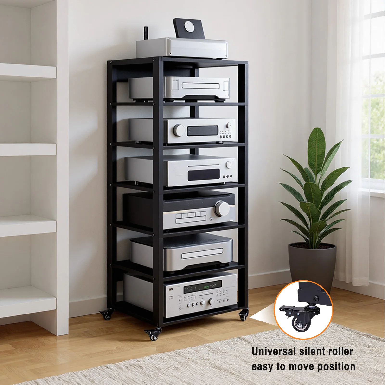 7-Tier Audio Rack Tower with Caster Wheels Video Game Equipment Console Shelf with Adjustable Shelves for Home/Office/Theater