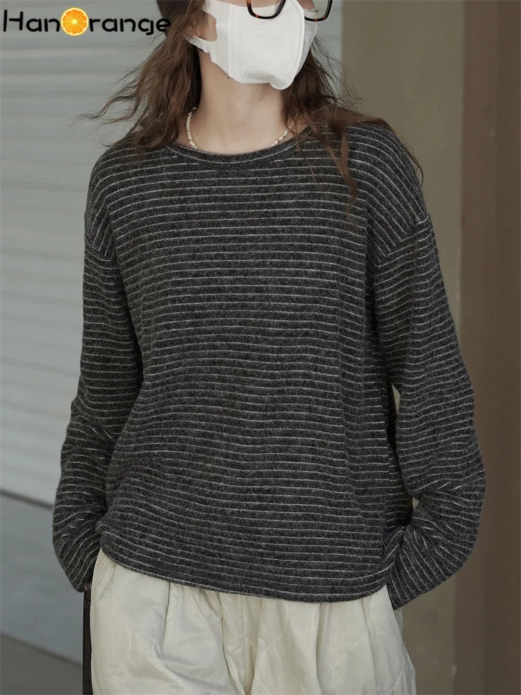 

HanOrange 2025 Winter Simple Striped Off Shoulder O-neck Knitted T-shirt Sweater Women Loose Slimming Top Tees Coffee/Black