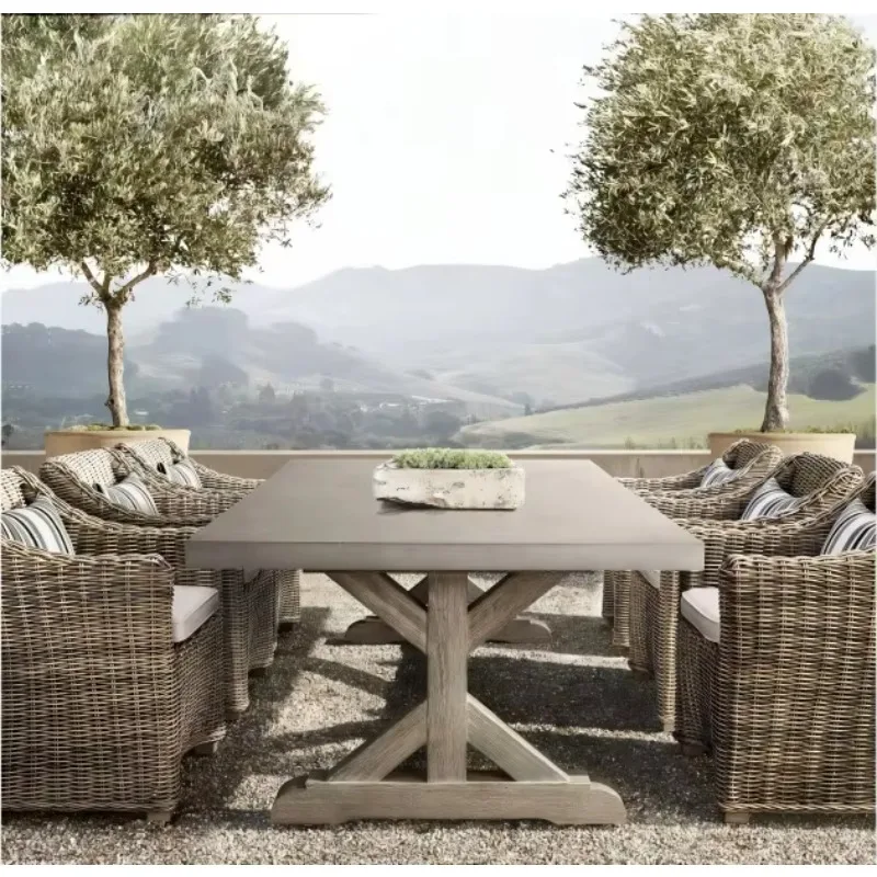 Restaurant Outside Dining Furniture Concrete Top Teak Wood Base Outdoor Garden Table