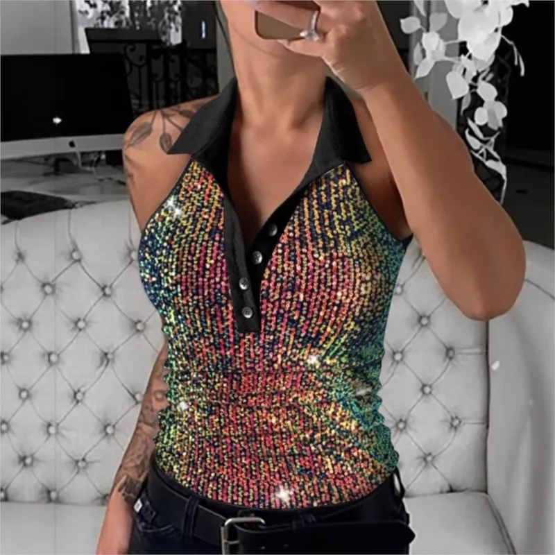 

Women Contrast Sequin Leopard Print Tank Tops 2025 Summer Skinny Sleeveless Lapel Buttons Front Y2K Sexy Slim Fit Vest T-shirt