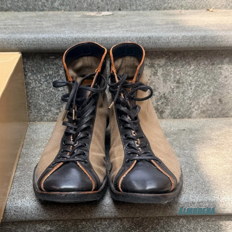 Round Toe Canvas Combat Boots Men's Adjustable Buckle Rugged Sole Street Style Urban Outdoor Vintage-Inspired Fashion Shoes