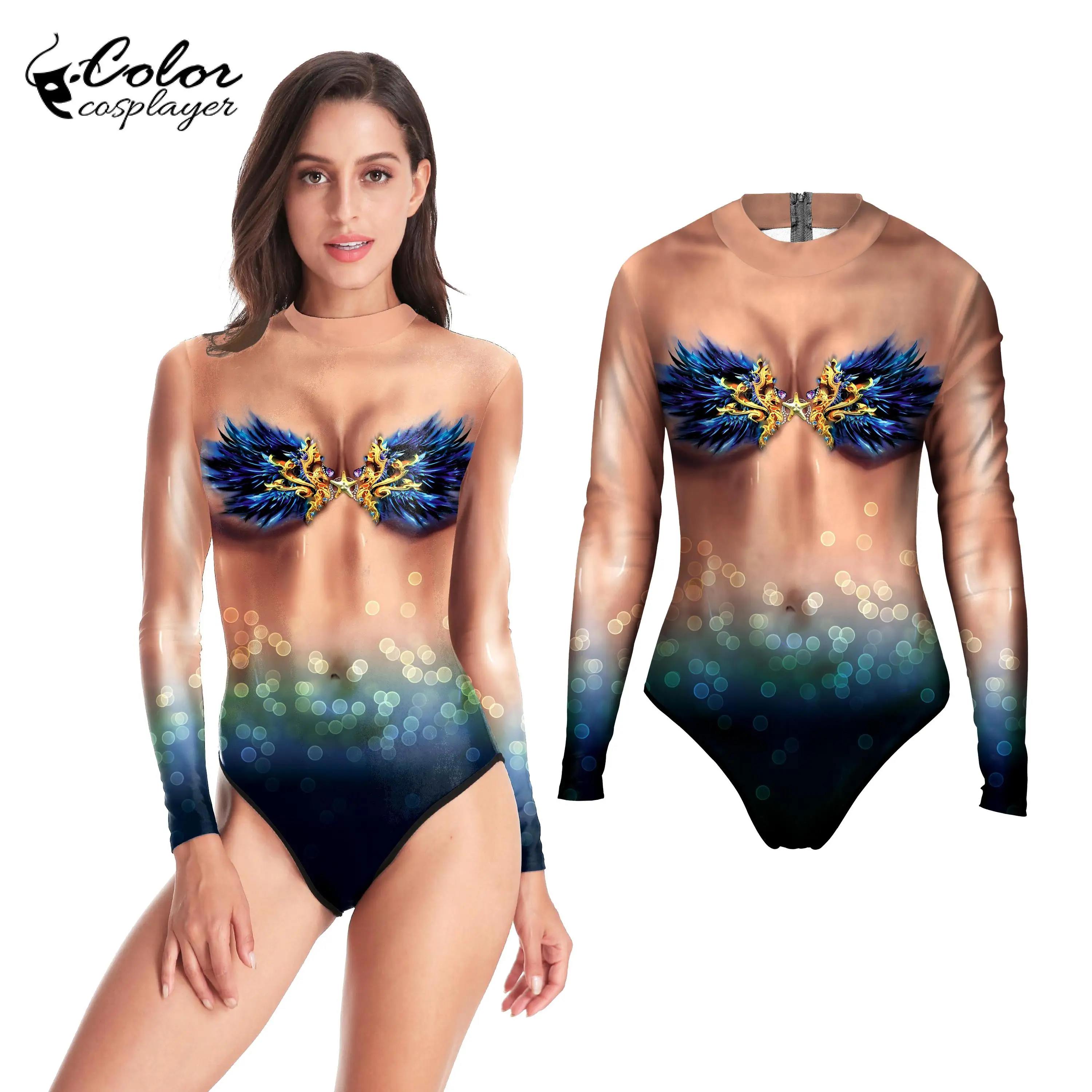 

Color Cosplayer Women Cosplay Mermaid Sexy Bodycon Costumes Slim Elastic Adult Jumpsuits Long Sleeve Beachwear Bodysuit