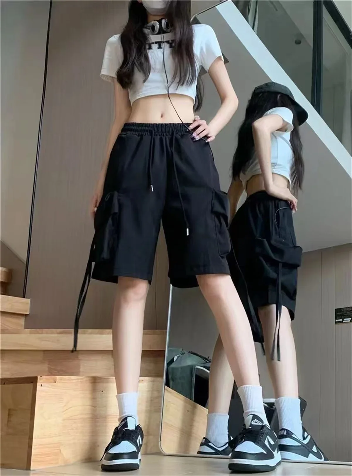 

Women High Waist Multi-pocket Cargo Shorts American Style Streetwear Summer Wide Leg Pants Fashion Female Big Pocket Shorts