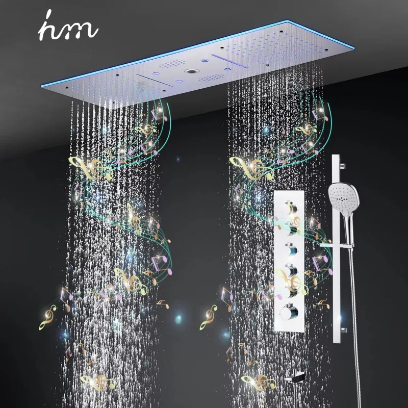 Light Emitting Diode Music Bathroom Smart Shower Set Multifunctional Rain Waterfall Spray Column and Manual Shower Mixer Set