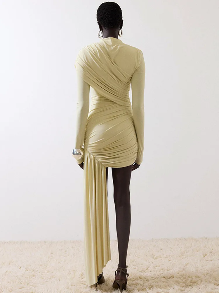 Absobe Women Elegant Ruched Mini Dress O-Neck Long Sleeve Draped Ribbon Bodycon Prom Party Evening Dresses Sexy Party Outfit