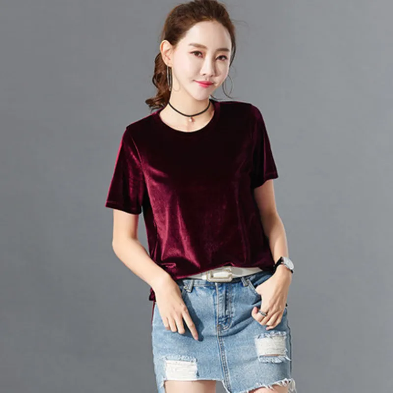 

Brand fashion Korean style women velour short sleeve shirts,casual vintage office t-shirts plus size velvet tops