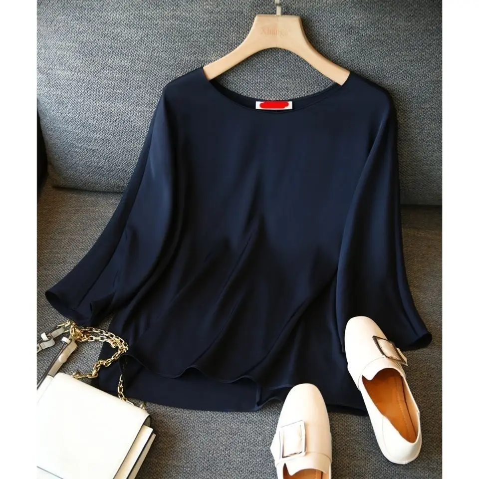 

2025Women'S Spring Summer Style Blouses Shirts Women'S Solid Color Long Sleeve O-Neck Korean Casual Tops