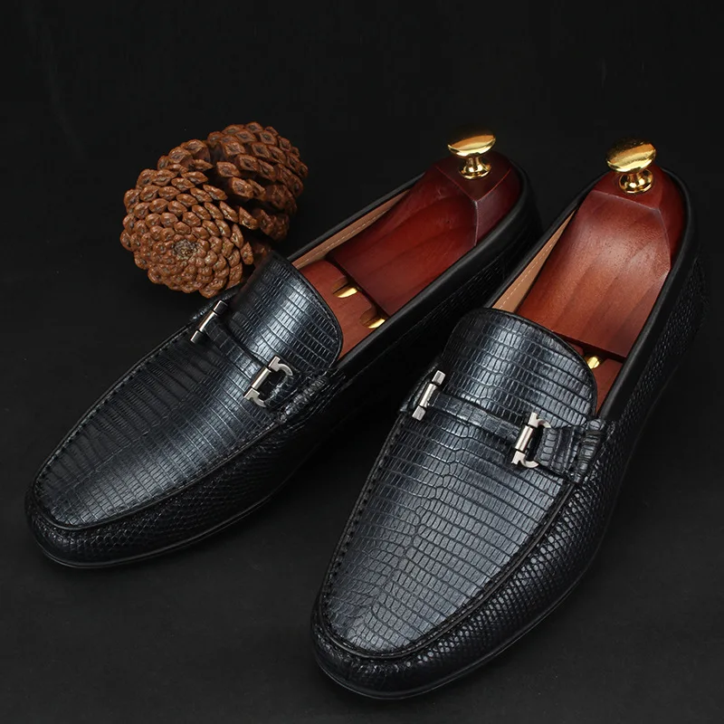 Sipriks Real Lizard Skin Casual Leather Shoes Men\'s Slip On Loafers Elegant Black Smoking Shoes Driving Boy Wear Topsiders