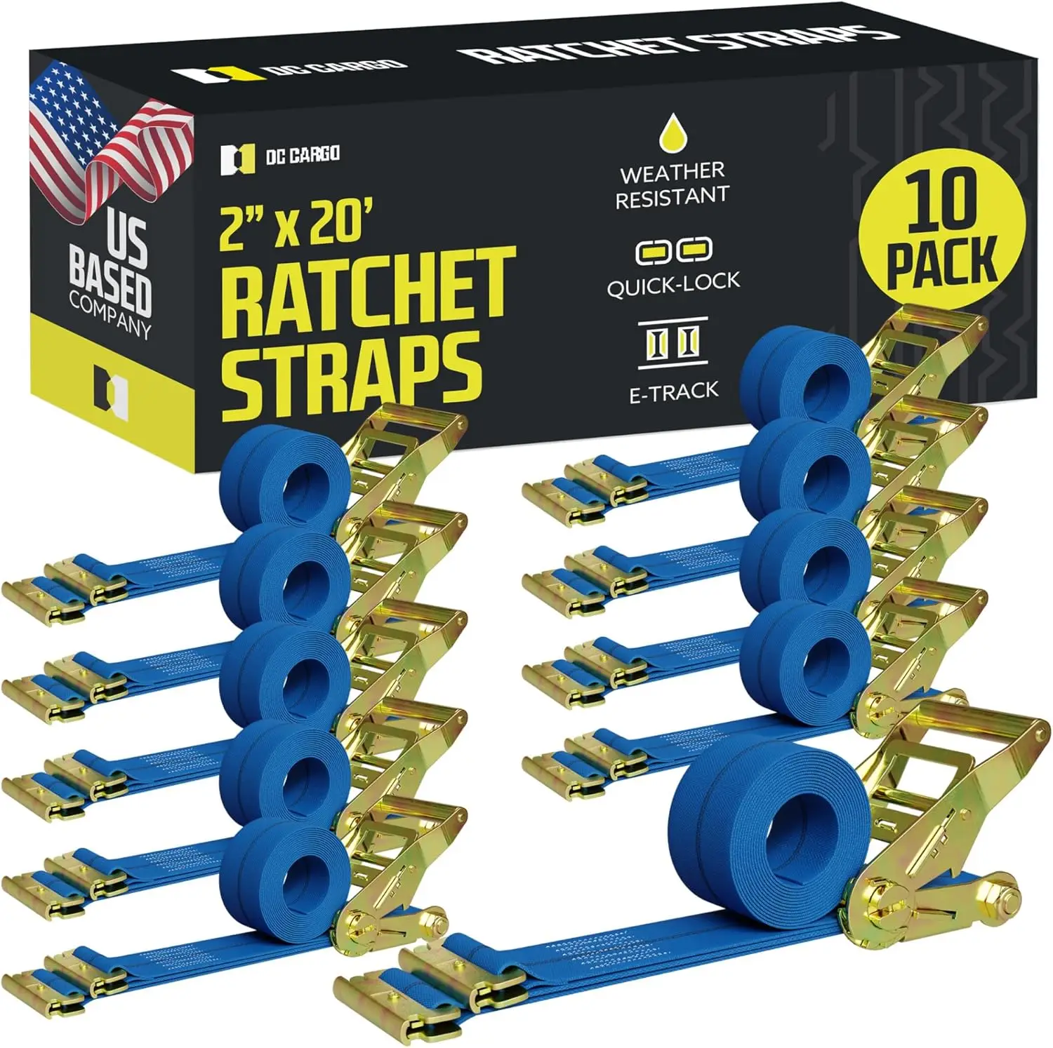 

Track Ratchet Straps Cargo Tie-Downs, (Pack of 10) 2 x 20 Heavy Duty Blue Tie-Down Rachet Straps, Strong Ratchet Strap, E Trac