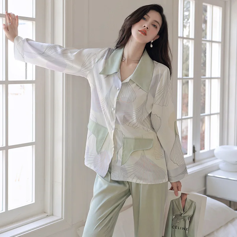 

Spring Female Sleepwear Elegant French Pajamas Set Shirt&Trouser Suits Silk Satin Nightwear Lounge Wear Loose Home Clothes