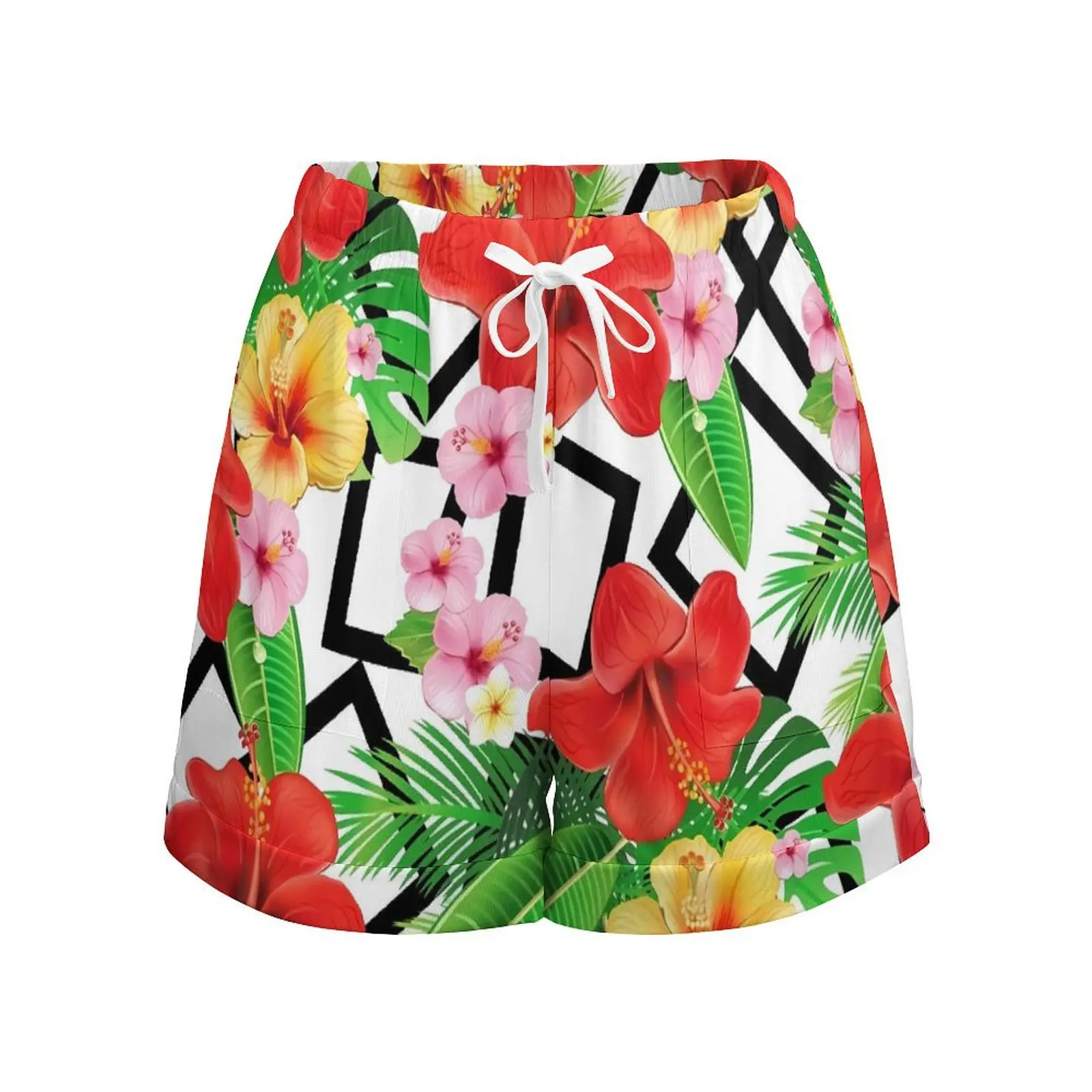 Lily Floral Shorts High Waisted Flowers and Geometric Shorts Pockets Summer Modern Oversized Short Pants Street Fashion Bottoms