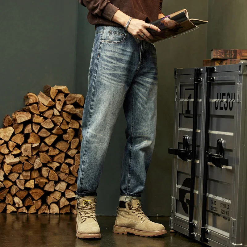 جينز أمريكي عتيق خريفي جديد للرجال فضفاض مستقيم من قماش الدنيم سروال هارلم موضة الشارع الهيب هوب ملابس العمل الجينز Y2K #3