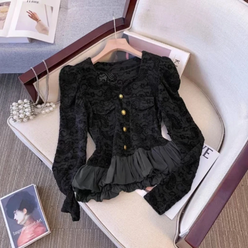

Lace Patchwork Hollow Out Slim Temperament Tops Spring Autumn Long Sleeve Solid Elegant T Shirts Korean Fashion Women Clothing