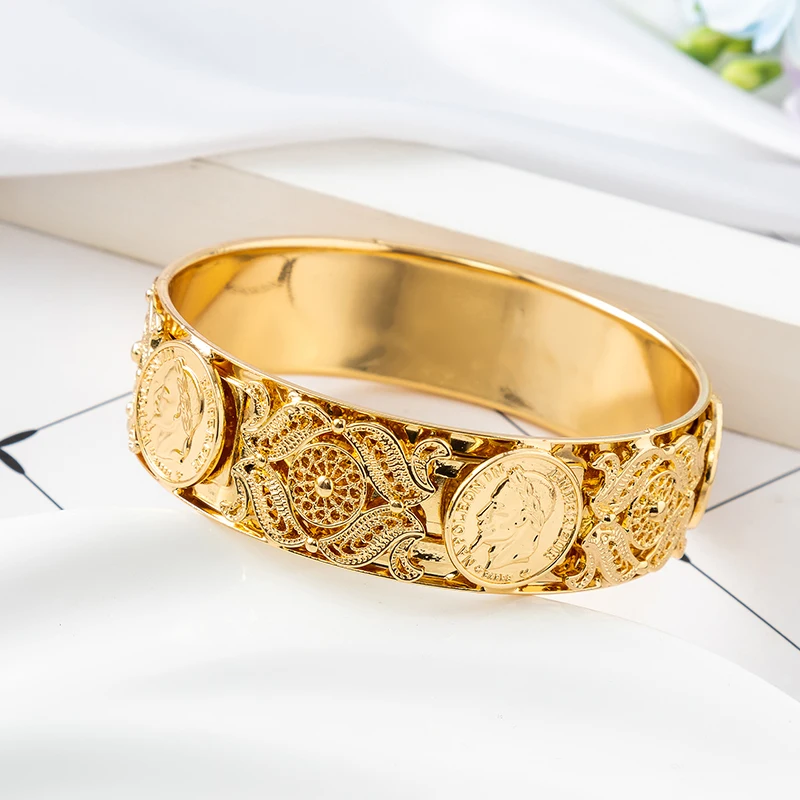 Bangles for Women head Gold Color French Napoleon III Coin Bracelet Double Design Gold Color Jewelry Vintage