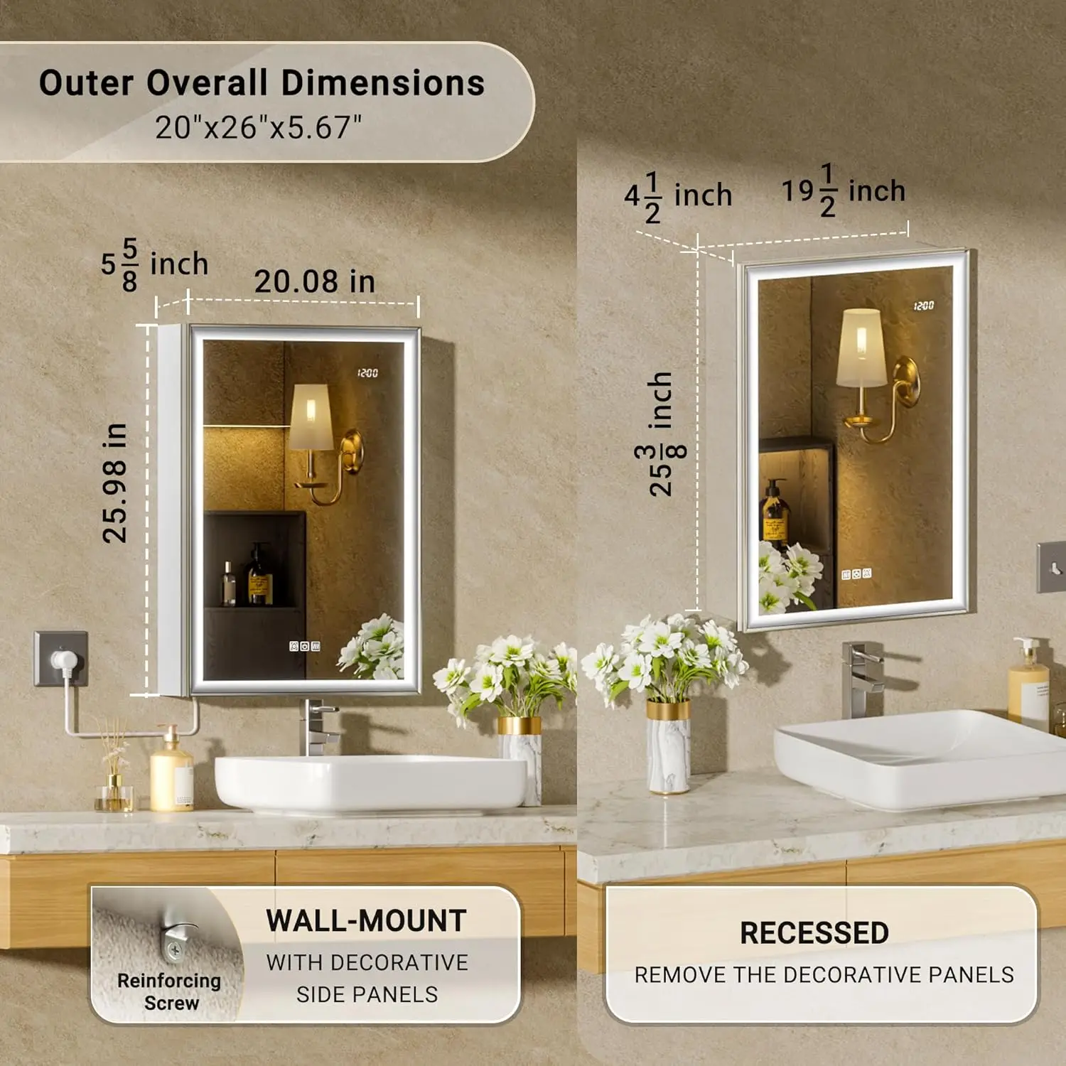 ##20x26 Fogless LED Medicine Cabinet Mirror Dimmable Outlet Time Sensor Light Surface Recessed Right Hinge, Customized