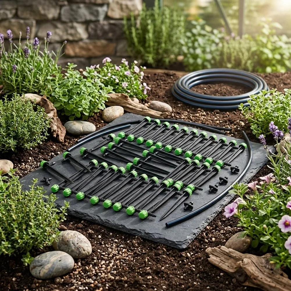 Adjustable 360 Degree Drip Emitters 50 Count with Built-in Single Barb and Removable Double Barb Adapters for Garden Use