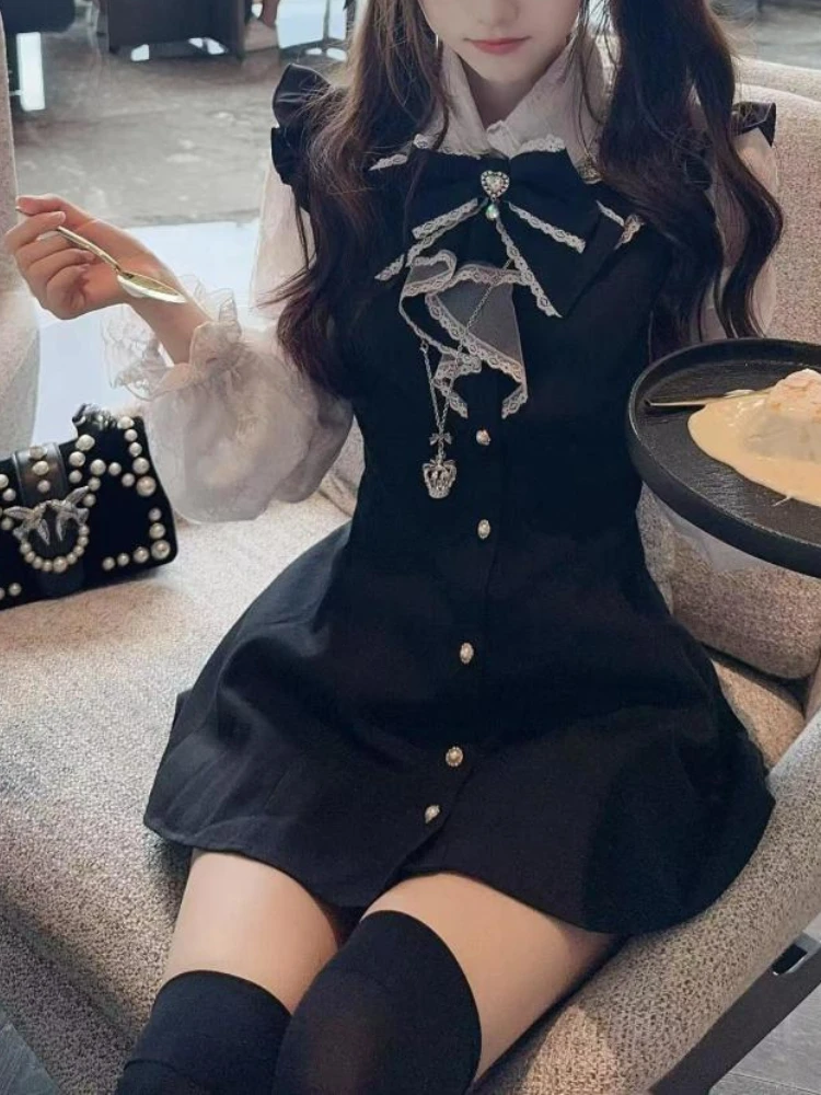 Japanese Sweet Preppy Style Kawaii Dress Women Bow Patchwork Cute Lace Fake Two Piece Dresses New Design Harajuku Slim Clothing