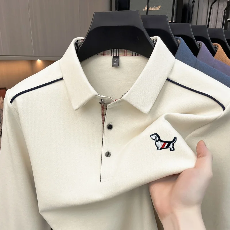 Luxuriöses Herren-Poloshirt mit Stickerei-Print, Herbst-Neuheit, einfarbig, langärmelig, mit Kragen, Business-Casual-Herrenbekleidung – Detail 5