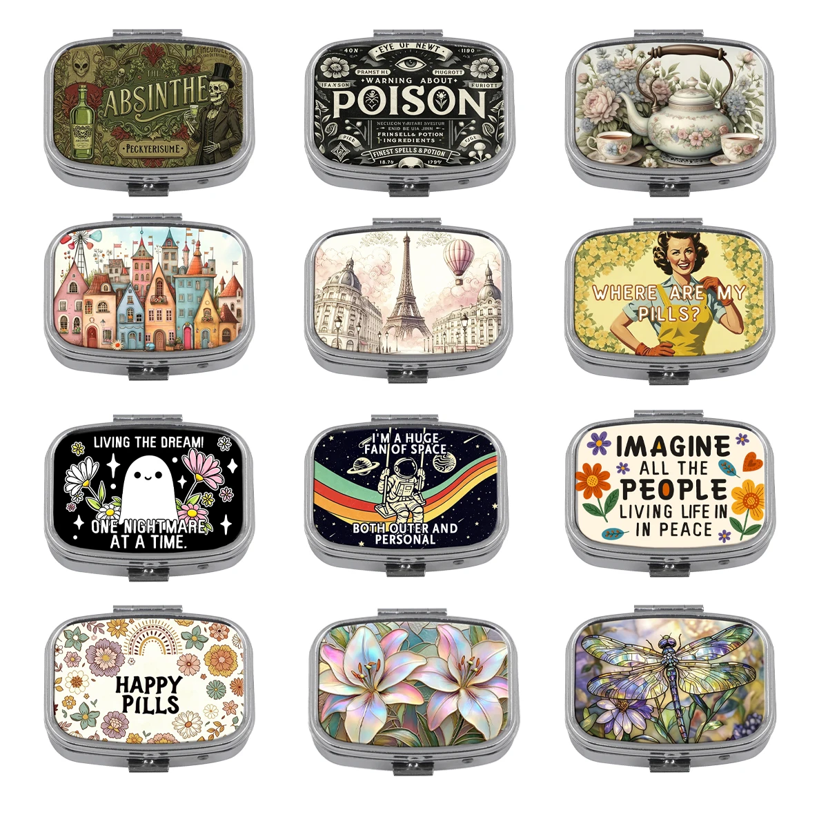 Floral Teapot Print Pill Box Compact Portable Medicine Container Elegant Pattern Tablet Organizer for Pocket Daily Carry Present