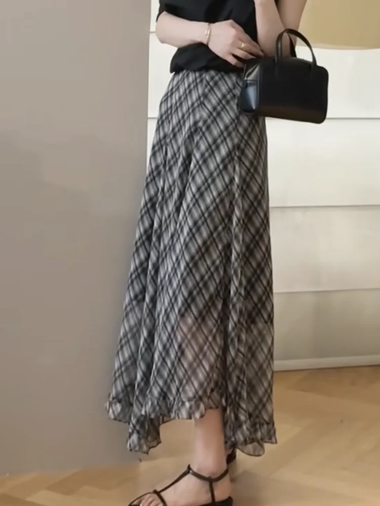 

Korean Sle Casual Plaid Skirt Maxi Summer 2025 High Waist Lazy Loose Versatile f-length Long Skirt Women's Faion