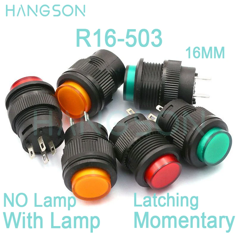 10PCS R16-503 Round Button Switch Momentary R16-503BD R16-503AD 3A 250V 16MM Self Locking Round Push Button Switch