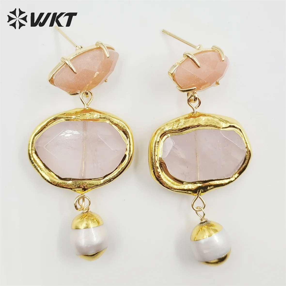 WT-E710 Wholesale Newest Fashion Gold Triple Stone Combined Earrings Women Wire Wrapped Handmade Gemstone Quartz Findings