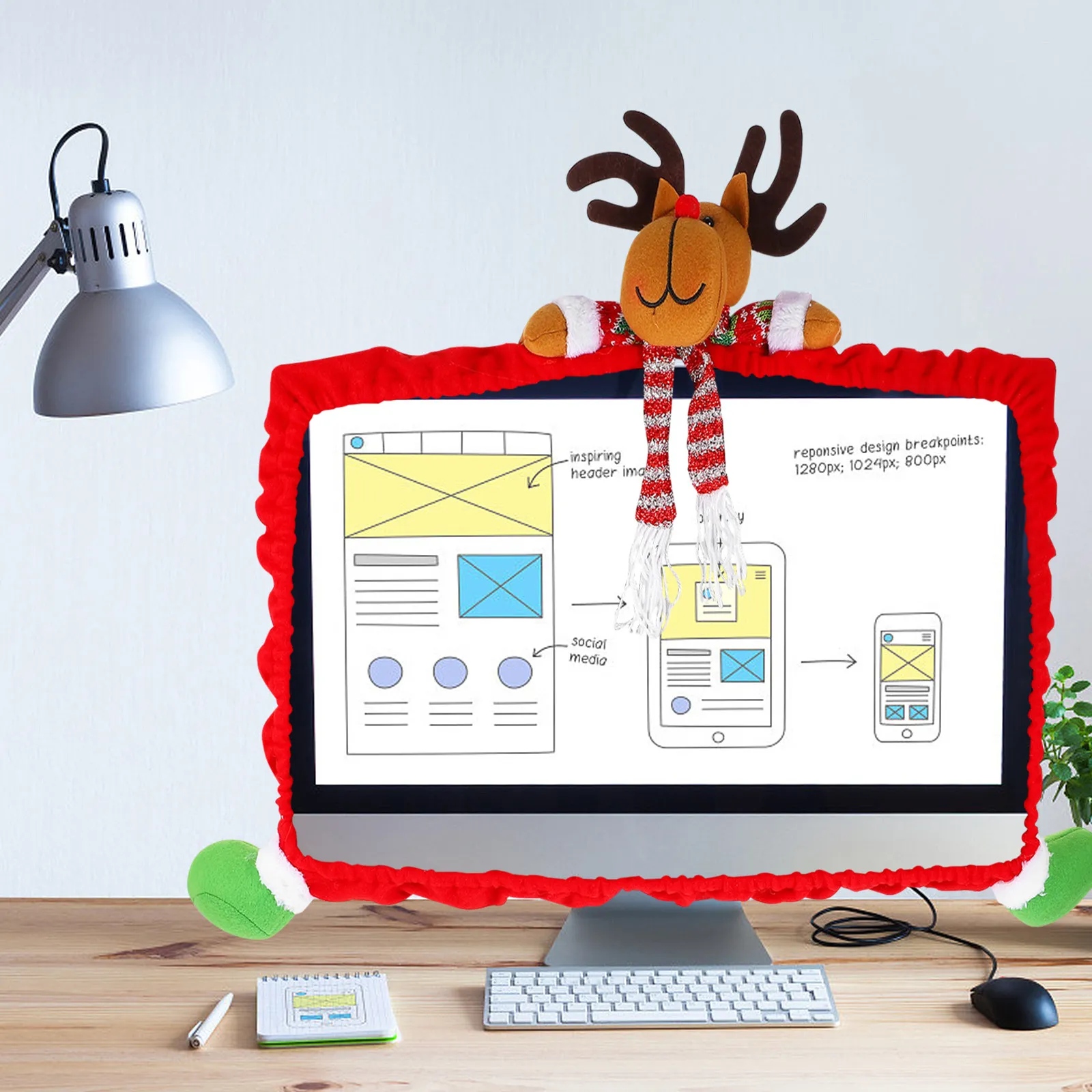 Funda protectora para monitor con diseño de alce navideño, material de tela, protector contra el polvo para pantalla de escritorio, decoración navideña, periféricos de ordenador para el hogar y la oficina