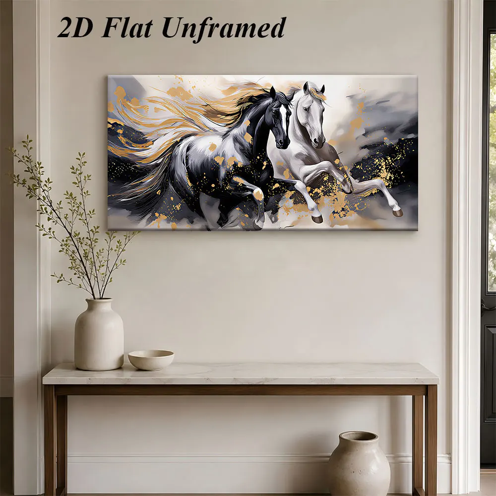 1 piece of frameless decorative painting of galloping twin horses, modern abstract art style, black and white horse 2D flat