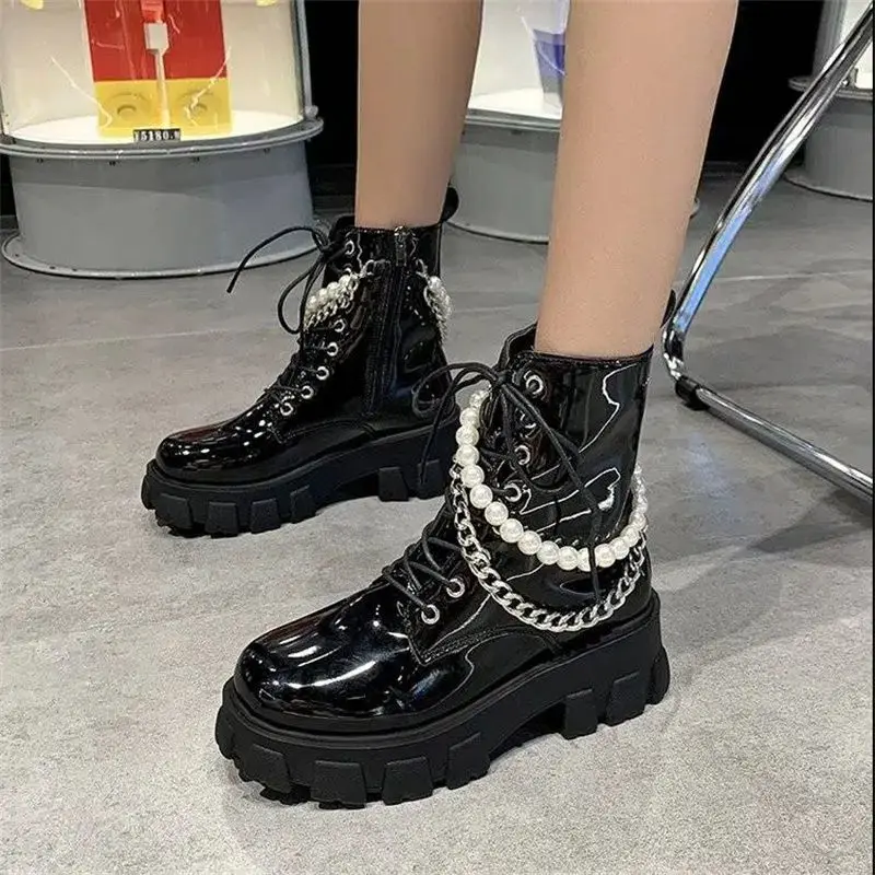 Damskie botki Combat Platform Punk Style Leather Sexy Booties Footwear Chunky Short Shoes for Woman Black with Lace Biker