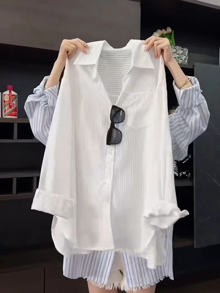 

Женский длинный све в полоску, весенне-осенний свободный крой, универсальный топ ранней весны, корейский Sle Commute Faion, чистый цвет