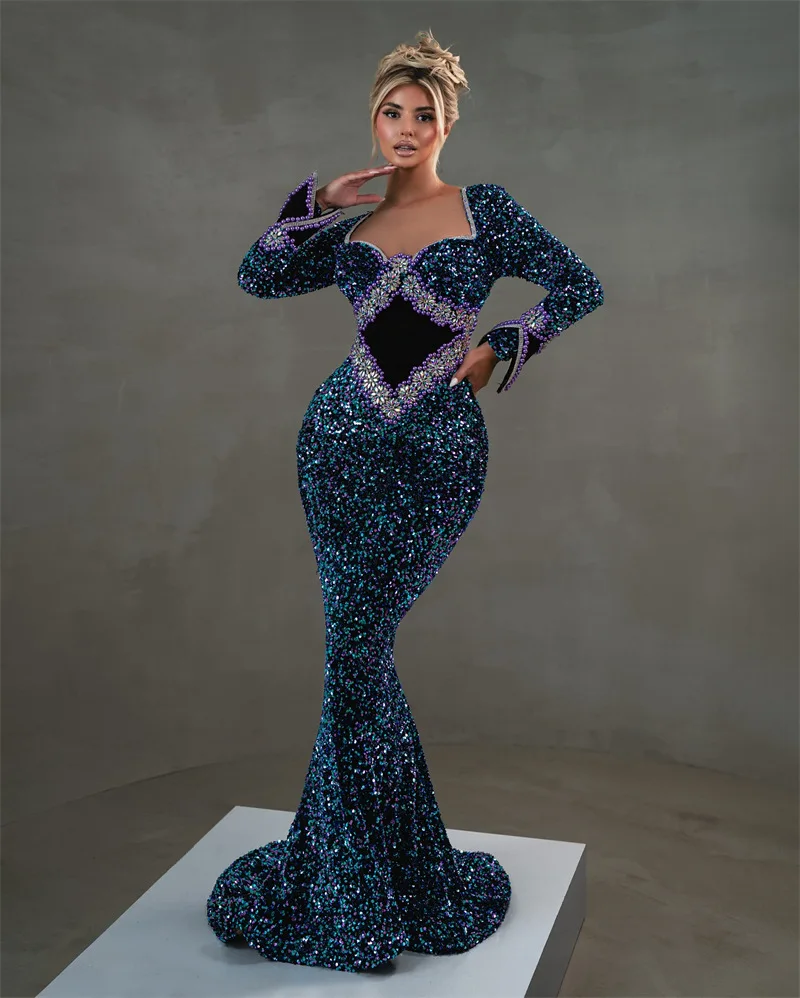 

2024 Luxury Sexy Long Sleeve Sparkly Sequins Dark Blue Women Celebrity Bandage Dress Elegant Party Evening Club Vestido Clothing