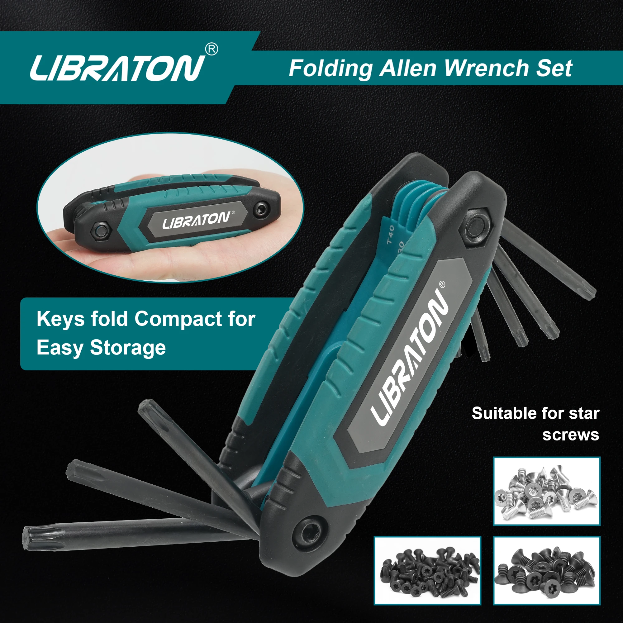 Libraton 8 in 1 Folding Torx Hex Key Allen Pocket Portable Star Wrench Kit Sizes T-9 to T-40 for Bicycle Maintenance