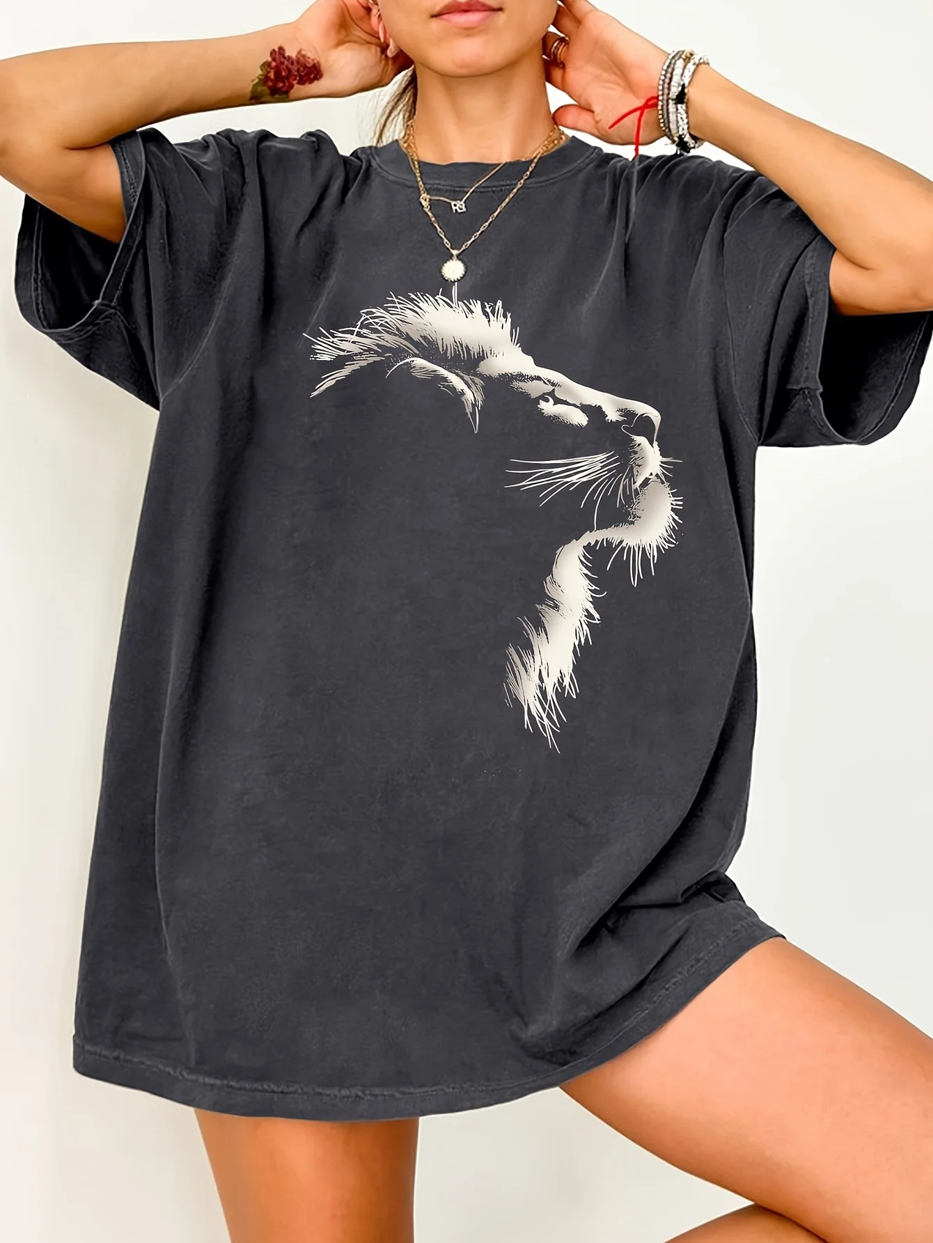 

Женская футболка больших размеров в стиле ретро с рисунком льва, хлопковая дышащая модная и универсальная уличная одежда унисекс большого размера