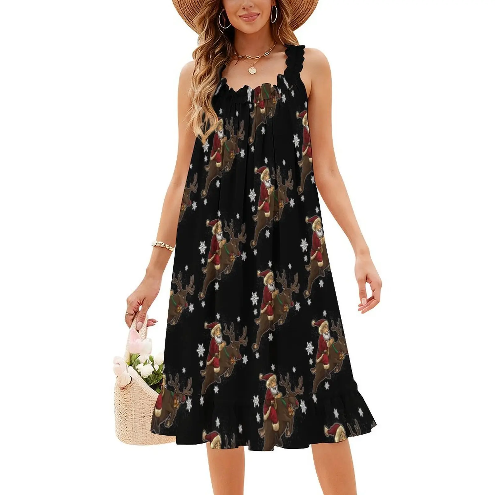 サンタクロースはトナカイに乗って配達サービスを行います 女性用ボヘミアンノースリーブドレス プリントビーチパーティードレス クリスマスタイム