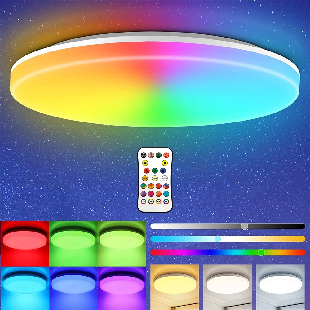 

Smart RGB LED Ceiling Light Square/Round Brightness Dimmable Indoor Lighting with Remote Control Timer Function Color Panel Lamp