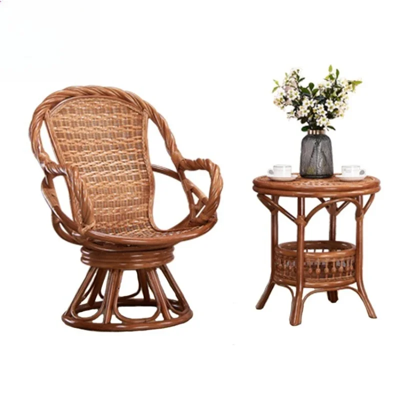

Natural rattan chair three-piece set rotatable balcony table swivel chair single casual combination